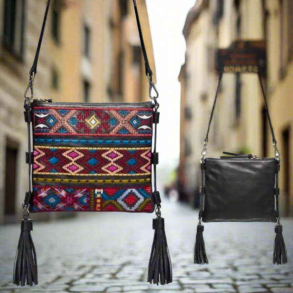 Johnny Was Zipped Black Leather Embroidery Tassel Crossbody Bag