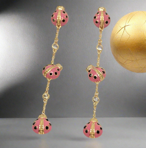 Kate Spade Long Gold Tone Pink Enamel Ladybugs Earrings Drop Dangle Hoop