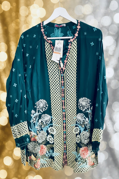 Johnny Was Butterflies Tunic Blouse in Lakeside Teal Size Small