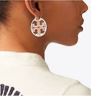 Tory Burch Miller Shiny Silver And Pink Enamel Inlay Hoop Earrings