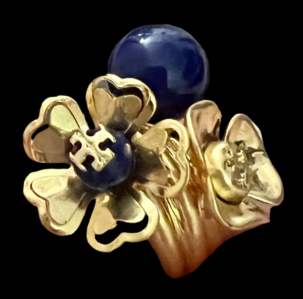 Tory Burch Floral Ring with Dark Blue Crystal Pearl and Double T Logo Ring Size 7