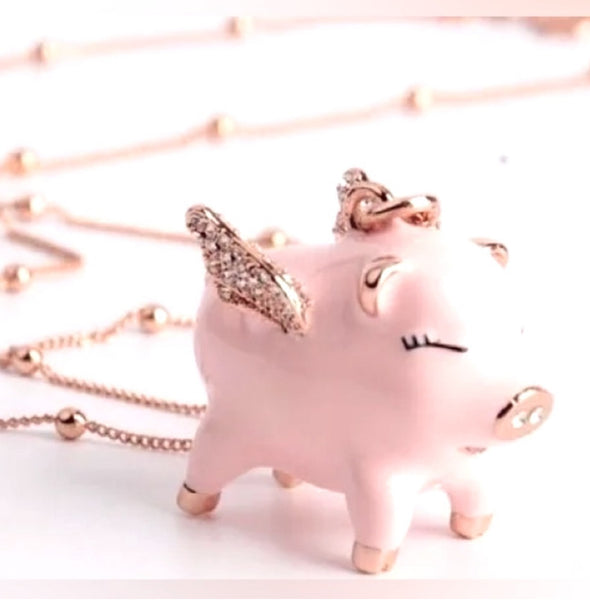 Kate Spade Cute Fashion Necklace Drop Flying Pig Lever Back Pink And Rose Gold