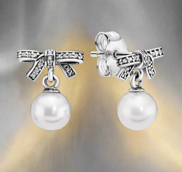 Pandora Silver Earrings Delicate Sentiments Pearl and Studded Rhinestones Silver Bow Earrings