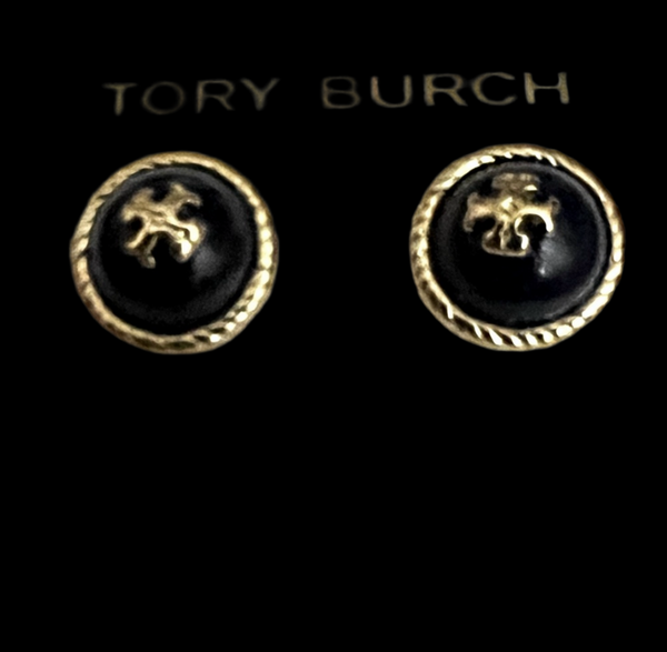 Tory Burch Black Glass Cabochon Rope Gold Stud Earrings