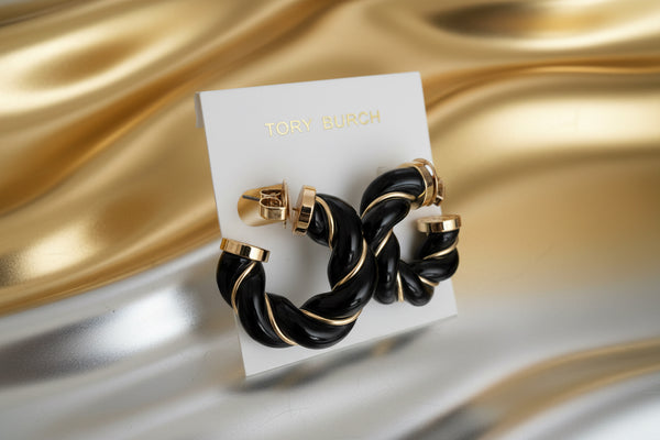 Tory Burch Black and Gold Textured Rope Hoop Earrings