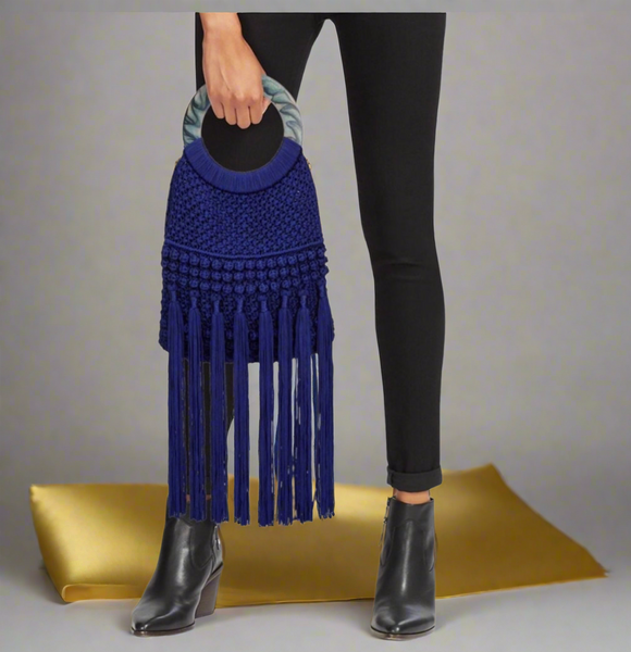 Cleobella Monaco Cobalt Macrame Fringed Tote or Crossbody Bag