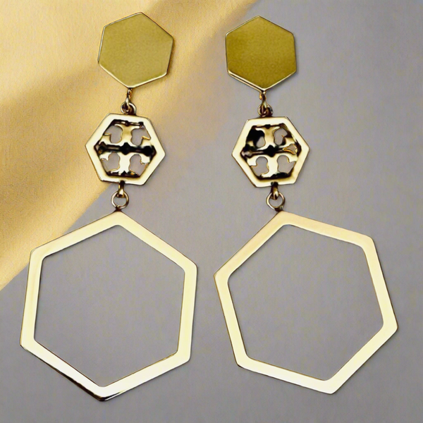 Tory Burch Geo Hexagon Logo Drop Shiny Gold Earrings