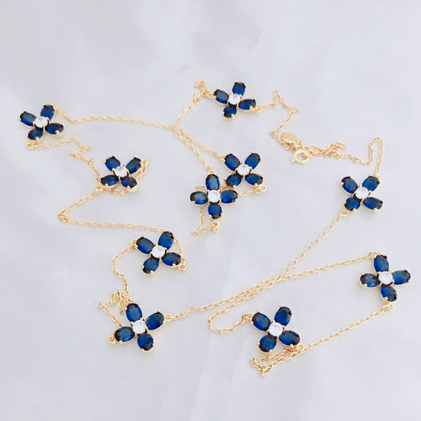 Tory Burch Long Swarovski Crystal Blue Flowers Necklace Gold & Blue