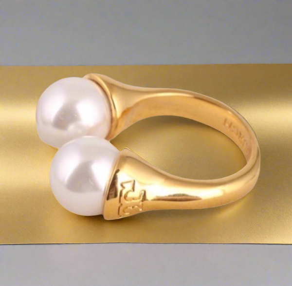 Tory Burch Gold Pearl Bud Logo Ring Size 7