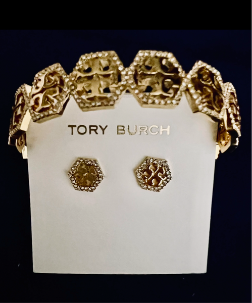 Tory Burch Hexagon Pave Frozen Logo Cuff Bracelet and Stud Earrings Gold Tone with Pavè Crystals