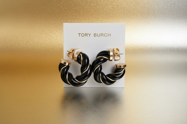 Tory Burch Black and Gold Textured Rope Hoop Earrings