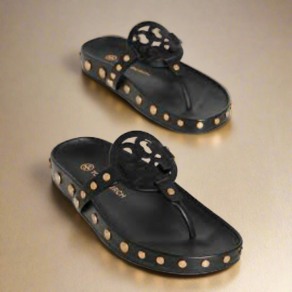 Tory Burch Miller Cloud Coin Leather Sandal Black US 11 Authentic