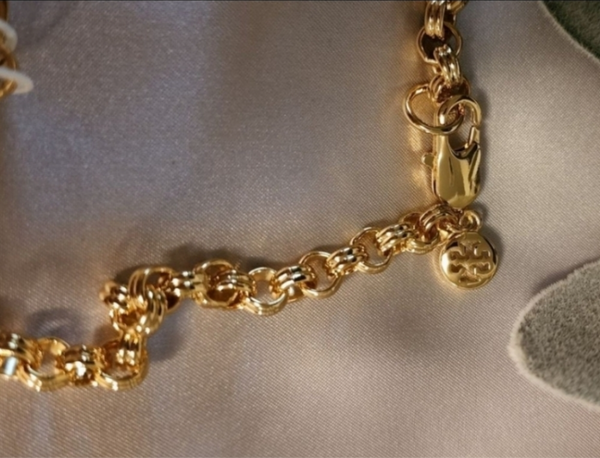 Tory Burch T Round Shiny Gold Charms Logo Necklace