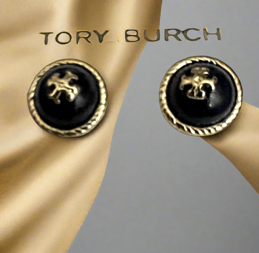 Tory Burch Black Glass Cabochon Rope Gold Stud Earrings