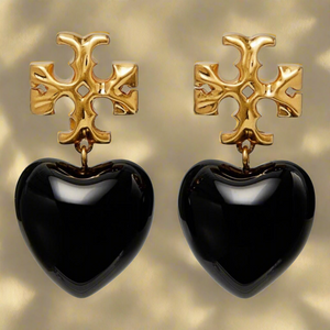 Tory Burch Roxanne Gold Tone And Resin Heart Drop Earrings In Black