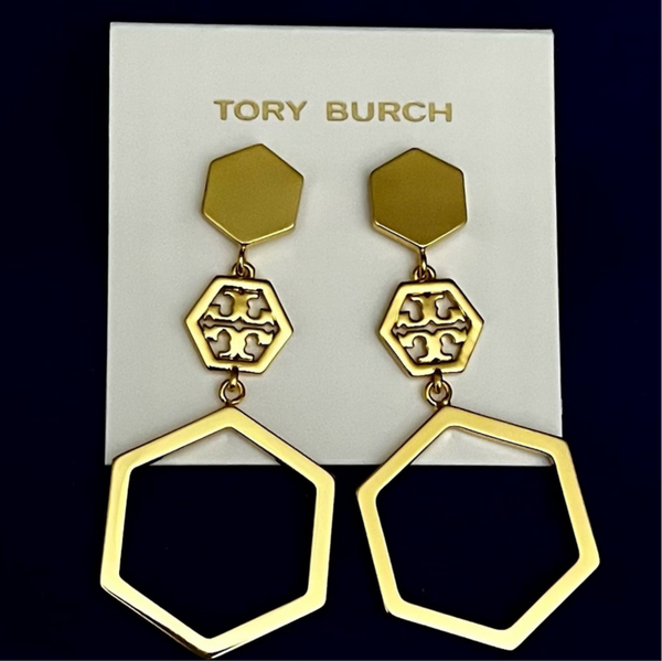 Tory Burch Geo Hexagon Logo Drop Shiny Gold Earrings