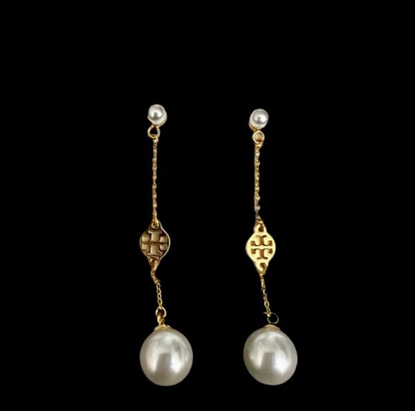 Tory Burch Delicate Pearl Logo Long Earrings