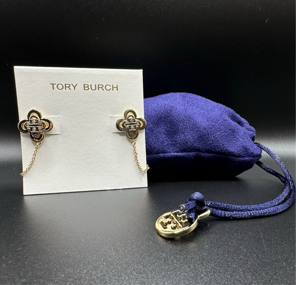 Tory Burch Kira Clover Front-Back Stud Earrings Gold with Crystals