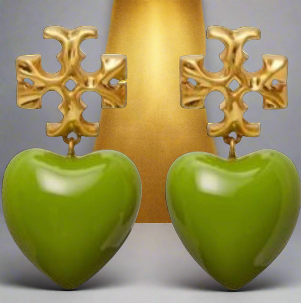 Tory Burch Roxanne Gold Tone And Resin Heart Drop Earrings in Green