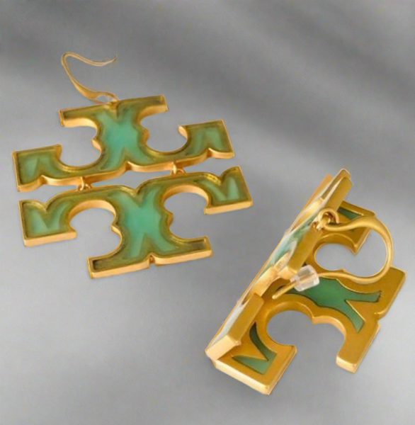 Tory Burch Transparent Logo Drop Earrings Green And Gold