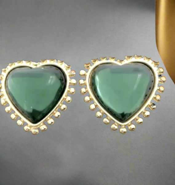 Tory Burch Gold And Green Heart with Mingrain Detailing Large Clip On Stud Earrings