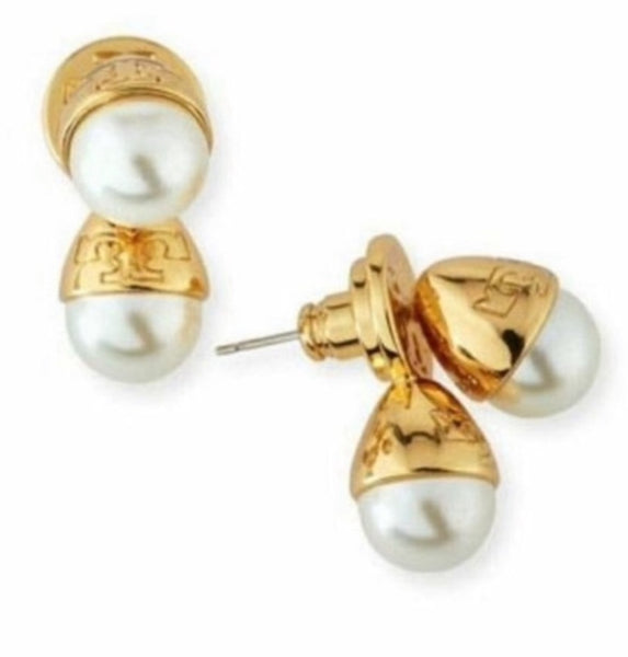 Tory Burch Double Pearl With Logo Stud Earrings