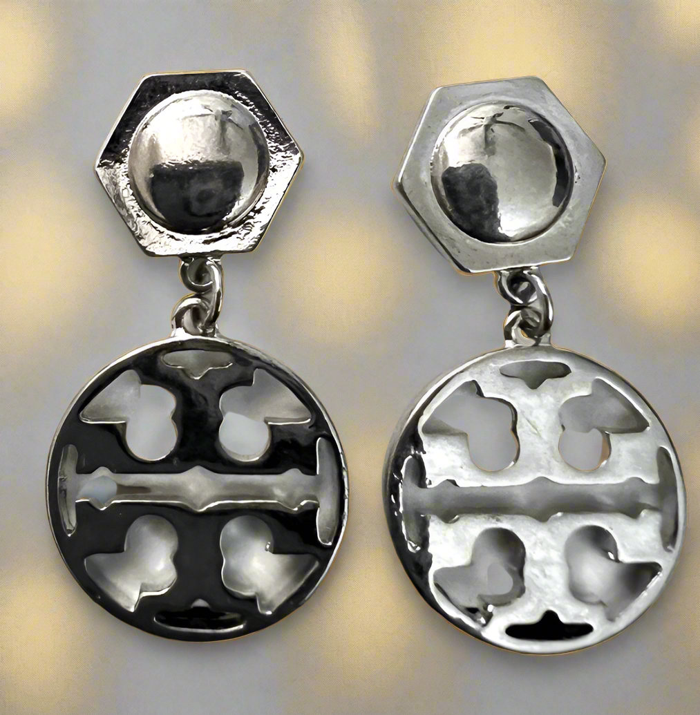 Tory Burch Silver Hexagon Logo Circle Drop Earrings