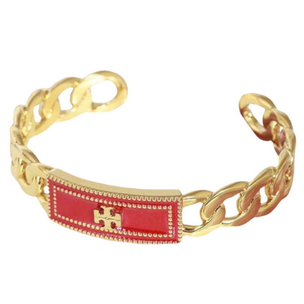 Tory Burch Milgrain Logo Chain Cuff Bracelet in Gold And Red