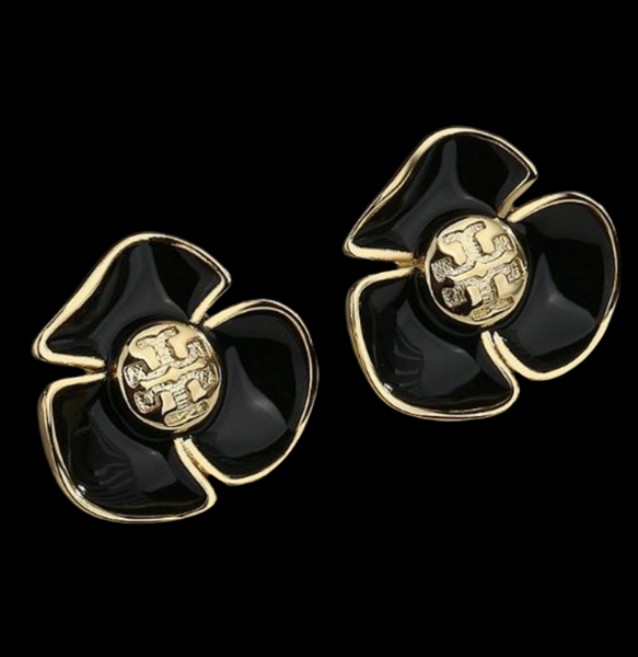 Tory Burch Black Gold Fleur Logo Stud Earrings