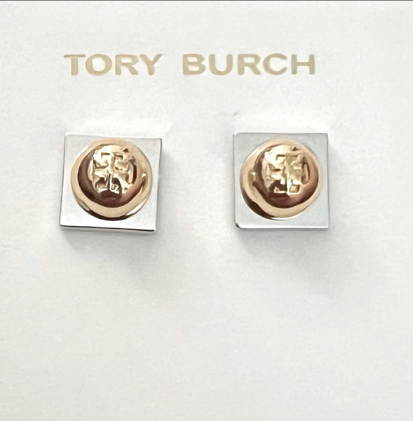 Tory Burch Women's Silver Block with T Logo Stud Earrings Silver And Gold