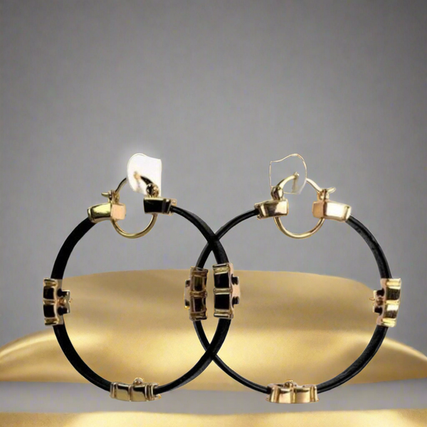 Tory Burch Gold Black Serif T & Leather Hoop Earrings