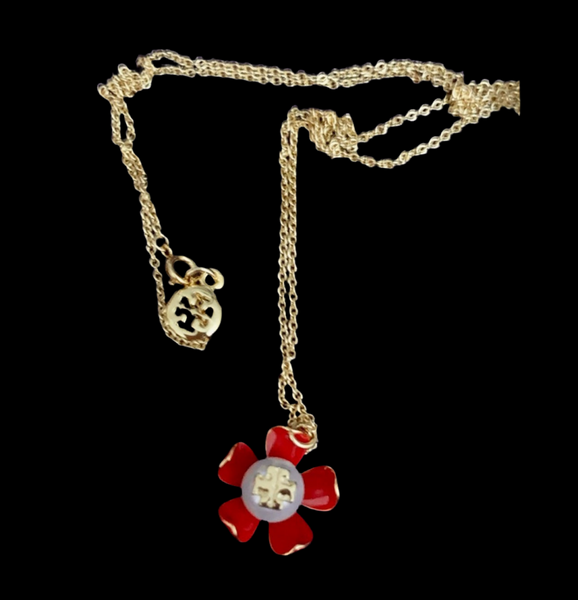 Tory Burch Gold And Samba Red Pearl Flower Necklace