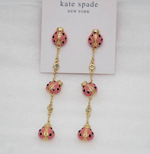 Kate Spade Long Gold Tone Pink Enamel Ladybugs Earrings Drop Dangle Hoop