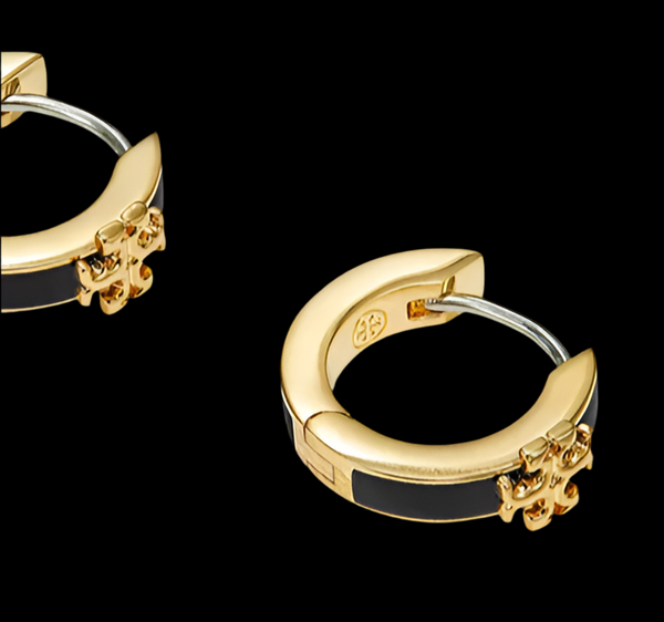 Tory Burch Kira Small Huggies Gold Tone And Black Enamel Hoop Earrings