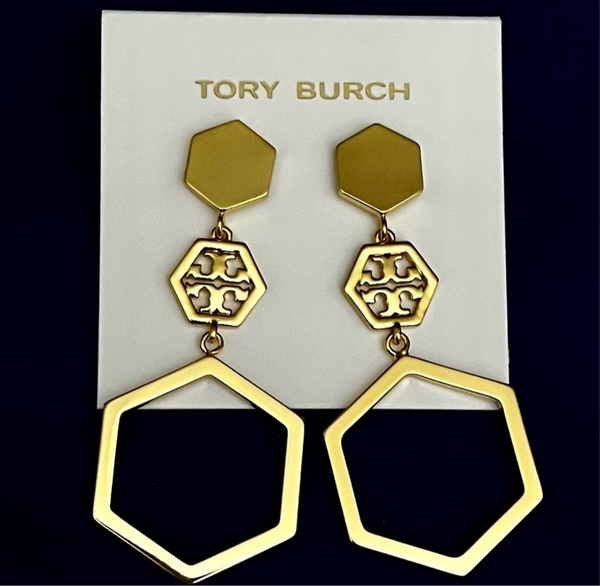 Tory Burch Geo Hexagon Logo Drop Shiny Gold Earrings