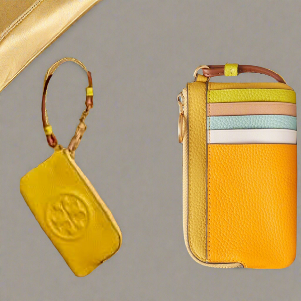 Tory Burch Perry Bombé Leather Color Block Zip Card Case Wristlet Yellow And Multicolor