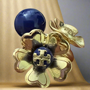 Tory Burch Floral Ring with Dark Blue Crystal Pearl and Double T Logo Ring Size 7