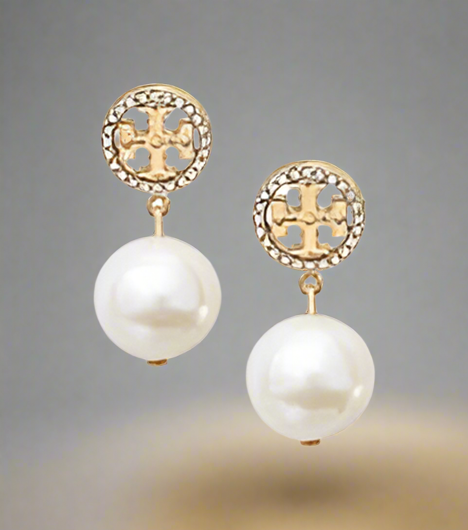 Tory Burch Crystal Logo Pearl Drop Earrings