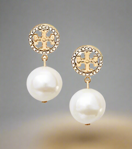 Tory Burch Crystal Logo Pearl Drop Earrings