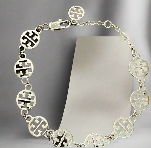 Tory Burch Silver Signature Logo Single Strand Logo Bracelet