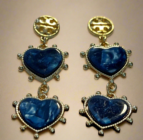 Tory Burch Logo Gold Plated Brass and Blue Lapis Stone Heart Drop Earrings