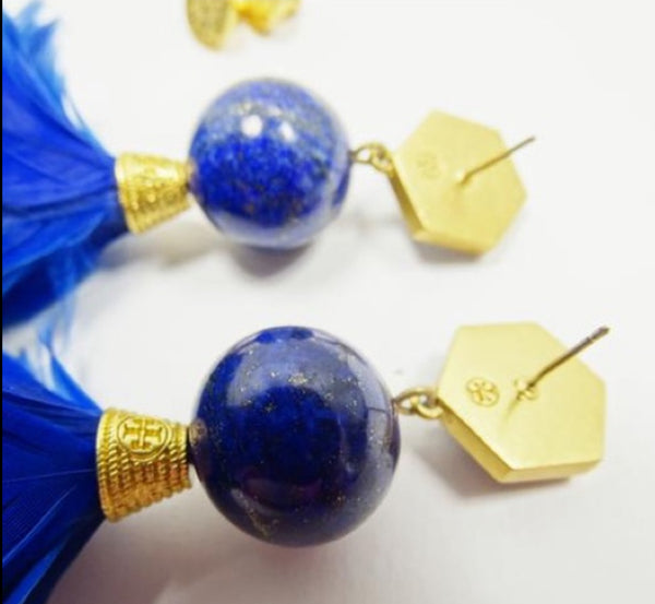 Tory Burch Gold Plated Lapis Lazul And Feather Statement Drop Earrings