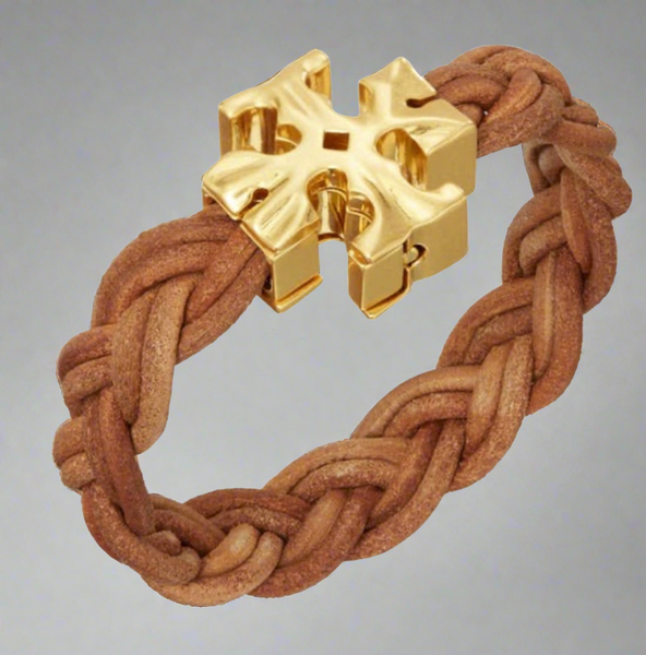 Tory Burch Fisherman 18K Gold Plated & Braided Leather Bracelet Rolled Gold Vachetta