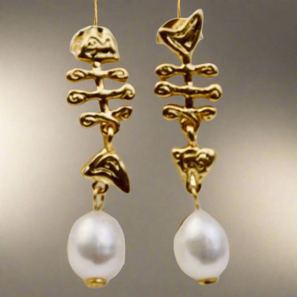 Tory Burch Golden Fish Bone with Mermaid Tails & Freshwater Pearl Earrings