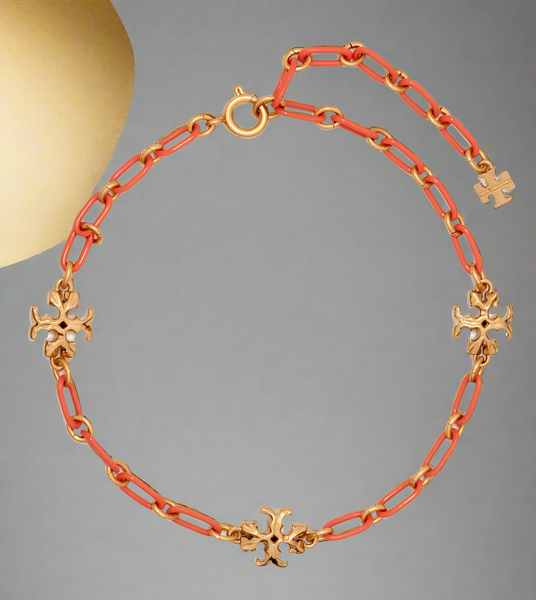 Tory Burch Roxanne 18K-Gold-Plated & Coral Acrylic Logo Chain Bracelet