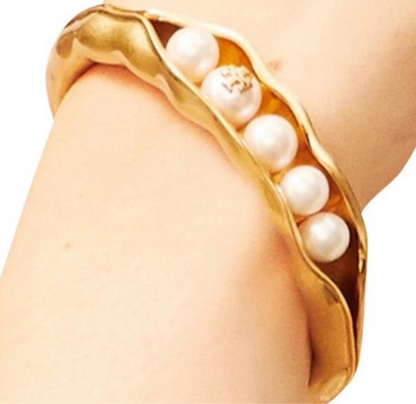 Tory Burch Gold Peapod Pearl Logo Cuff Bracelet