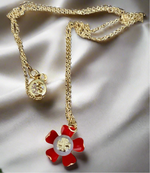 Tory Burch Gold And Samba Red Pearl Flower Necklace