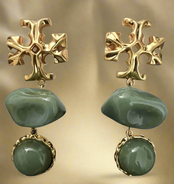 Tory Burch Roxanne Double Drop Earrings Gold Brass Green Azure