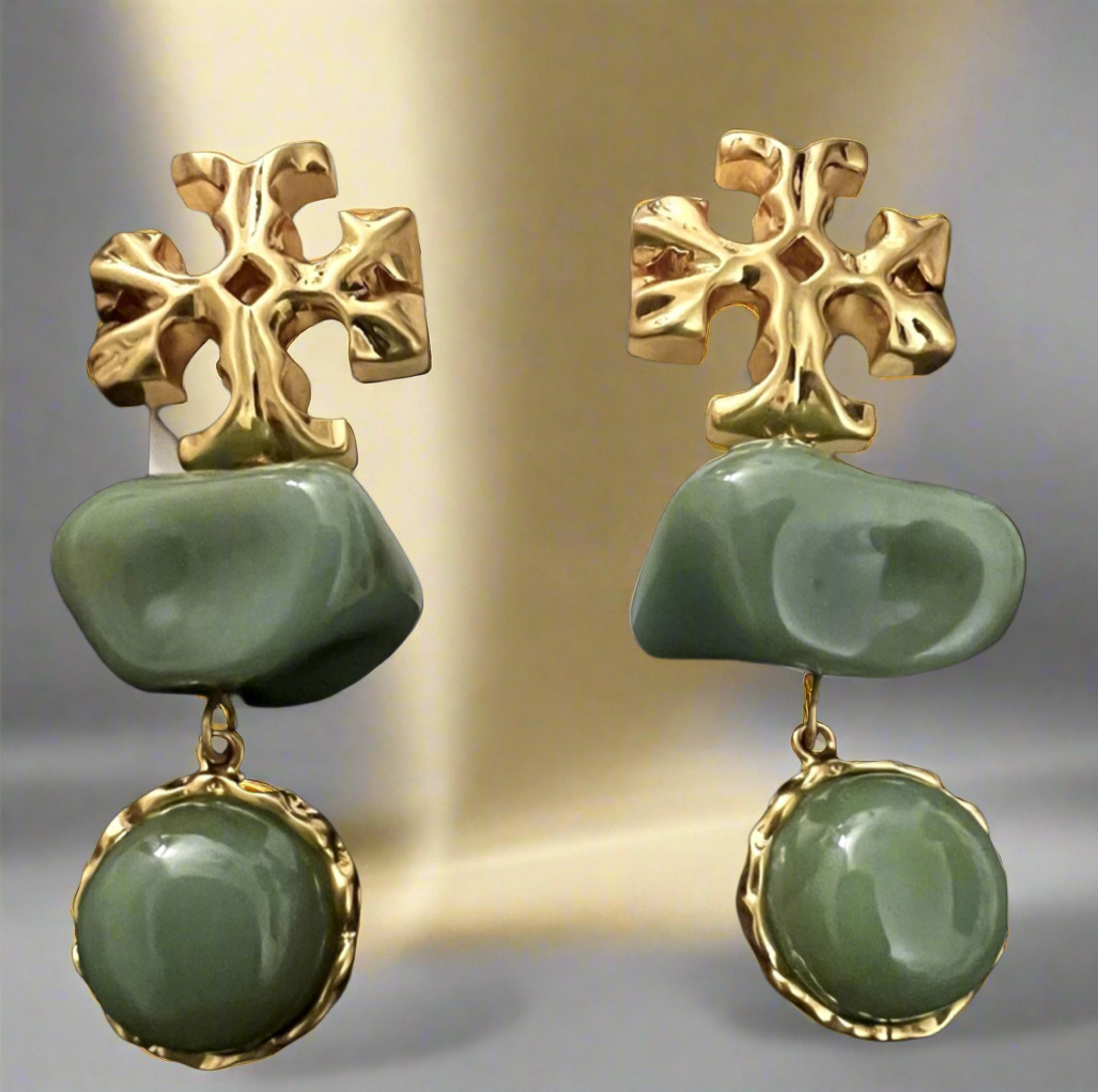 Tory Burch Roxanne Double Drop Earrings Gold Brass Green Azure