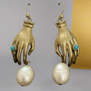 Tory Burch Vintage Gold Sculpted Earrings with a gorgeous detail in Pearl and Turquoise